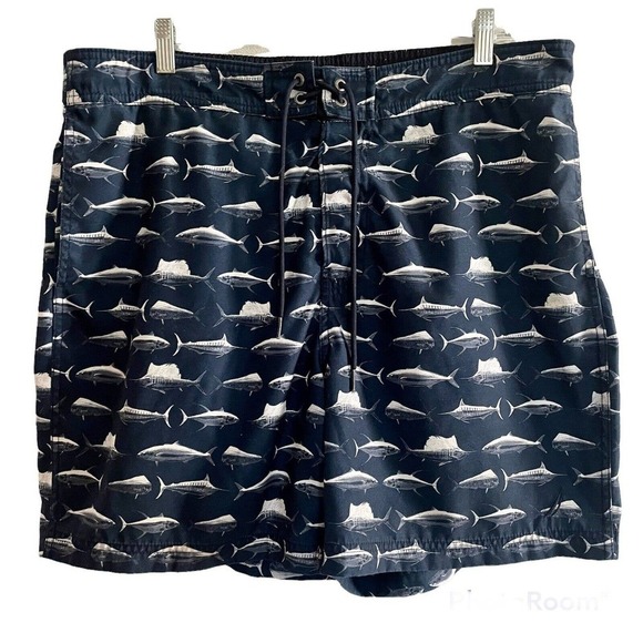 Nautica Large Board Shorts Navy Blue Fish Print Swim Surf Beach Boating … - Picture 1 of 5